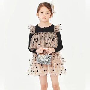 Petite Hailey Layered Tutu Long Sleeve Dress with Black Stars Size 7